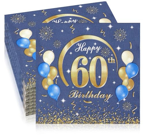 60 Stück Servietten 60 Geburtstag 33 x 33 cm Servietten Blau Gold Papierservietten Happy Birthday Servietten Geburtstagsservietten Tischdeko für 60. Geburtstag Mann Frau Jubiläum
