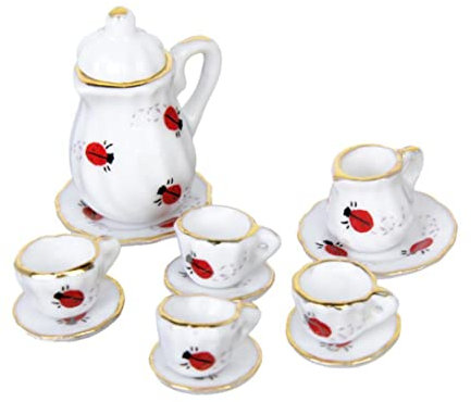 HoveeLuty 15pcs 1/12 Puppenhaus Miniatur Esswarenporzellan Tee Set Dish Tasse Teller Ladybug Mini Tee Set Puppenhaus Accessoires Mini Tea Set Miniature Teesets
