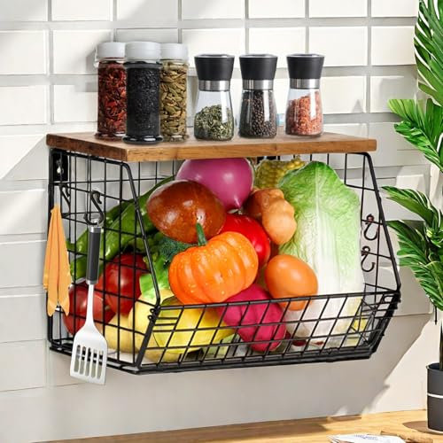 Rainie Obstkorb, Hängend Obstschale für Küchen Organizer mit Holzdeckel Drahtkorb Stapelbar Wandmontierbar Zur Aufbewahrung Von Gemüse, Obst, Snack Und Zwiebel, Metall Obstkorb mit 4 Haken, Schwarz