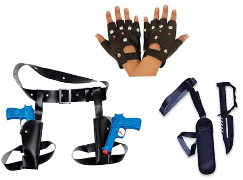 Three Piece Set - Black Twin Thigh Holster Set with Guns, Ankle Holster with Knife & Studded Gloves - Perfect Toy Weapons for Lara Croft Fancy Dress, Film & TV, Historical, Cosplay & Parties