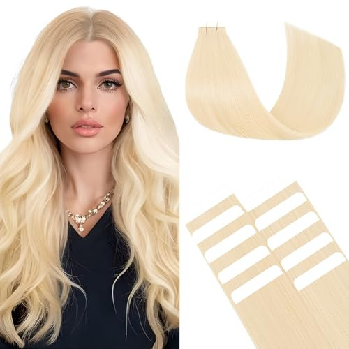 Benehair Tape in Extensions Echthaar, Invisible Tape Extensions Echt Haar, 45CM Haarverlängerung Echthaar Tapes, Remy Natural Tapes Extensions Echthaar, 10Pcs 15g Platinblond #60