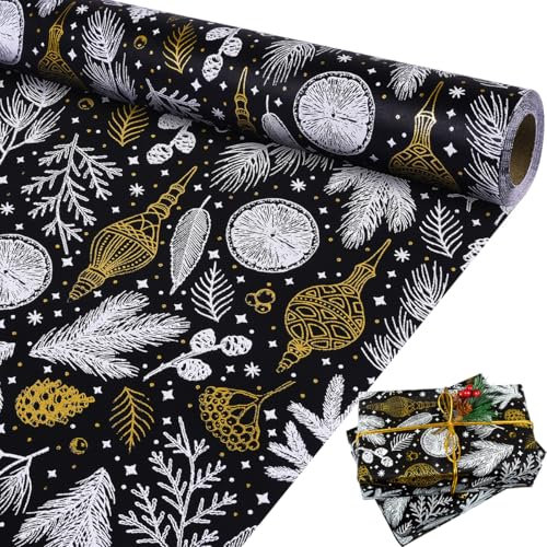 Weihnachten Geschenkpapier Rolle, Schwarz Gold Geschenkpapier Große Rolle mit matte Goldfolie, Geschenkverpackung Papier für Weihnachten Neujahr Winterurlaub, 43 cm x 10 m