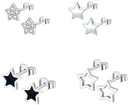 Hinvan 4 Paare 925 Sterling Silber Ohrringe Stern Ohrstecker Silber Ohrringe Sterne Zirkonia Klein Knorpel Ohrringe Silber Ohrstecker Schwarz Kleine Ohrringe für Damen Frauen Mädchen