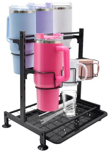 Yiomxhi Flaschenhalter für Stanley Cup, Höhenverstellbarer Flaschenregal mit Abtropfschale, Flaschen Organizer Becherhalter Tassenhalter für Küchen Arbeitsplatten Schrank Büro, Schwarz