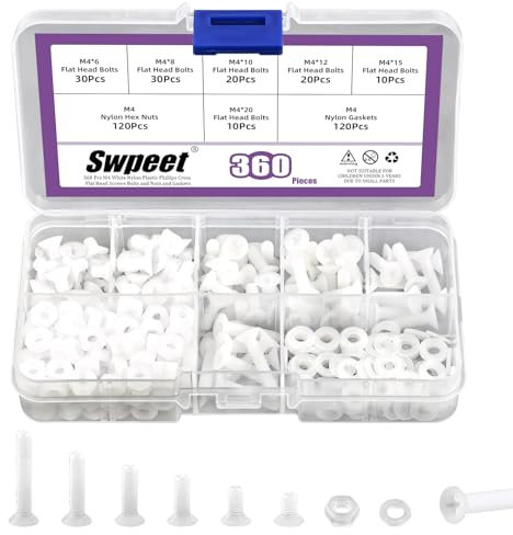 Swpeet Lot de 360 vis à tête plate cruciforme M4 en nylon blanc avec écrous et joints, 6 tailles, vis à métaux filetées en nylon, longueur 6/8/10/12/15/20 mm