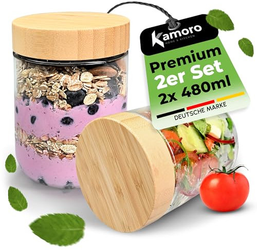 Kamoro HOME & KITCHEN Glas Frischhaltedosen mit nachhaltigem Bambus Deckel - Glasbehälter in verschiedenen Größen mit Gummibändern – BPA-freie Dosen/Behälter (2er Set)