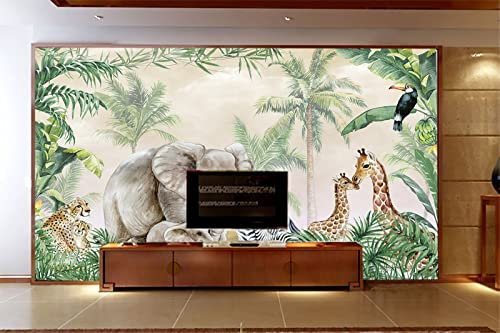 New Plant Woodland Safari Animals Jungle Children's Wallpaper 3D Cartoon Mural Nursery Wall Decoration Tropical 3D Wallpaper Paste Living Room The Home Restaurant Wall for Bedroom Mural-250cm×170cm