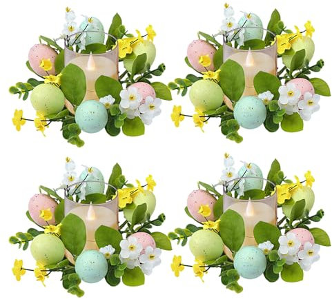 Skeadex Osterkranz Tisch,2 Stück Ostern Kerzenkranz für Stabkerzen Künstliche Ostern Kerzenkranz Klein Ostereier Osterkranz Kerzen Osterkranz Frühlingskranz Ostern Deko Kerzenring (4pcs A)
