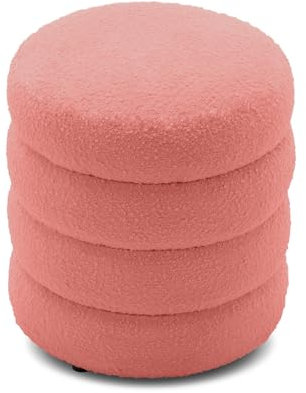 Plush Pink Wool Upholstered Modern Pouf Footrest Ottoman Stool Chair for Living Room Bedroom Entryway Soft Padded Round Footstool (14x16in)