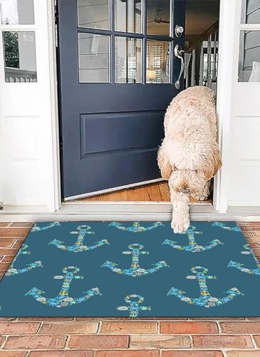 OHJEAJDS Badezimmerteppich rutschfest Badematte 40x 60 cm,Badteppich Saugfähig Weich Maschinenwaschbar für Badezimmer,Anker, stilisierter Anker mit maritimen Figuren, Fischen unter Wasser1