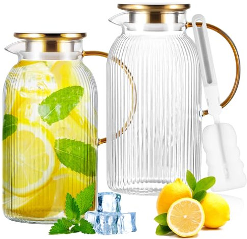 Glass Pitcher with Lid,2 PACK 64 oz/1.9 Liter Stripes for Fridge,Iced Tea,Cold Brew,Sangria,Lemonade,Heat Resistant Borosilicate Water Jug for Hot/Cold Drinks and Milk,Glass Water Carafe