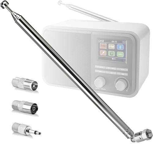 4-Piece Set of DAB Aerial with 3 Types of Adapters, 7-Section Telescopic Rod Aerial Receives 30-Mile Radio Signal, Digital Radio Antenna for FM Radio, Hifi Mini System and AV Stereo Receiver