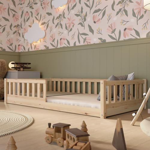 Crazy Pine Kinderbett 90x200 cm – Massives Montessori Bodenbett aus Holz mit Rausfallschutz – Sicheres Kleinkindbett – Skandinavisches Design, Leichte Montage - Crazy Basic