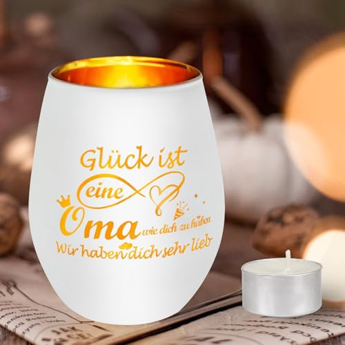 Oma Geschenk, Seutgjie Geburtstagsgeschenk für Oma Glückslicht Windlicht aus Glas mit Gravur Teelichthalter mit Kerze Personalisierte Kerzenständer
