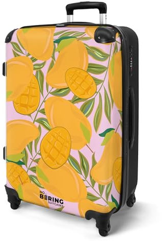 NoBoringSuitcases.com® Koffer Kinder Groß 67x43x25 cm Reisekoffer Kinderkoffer 4 Rollen Leicht Kindertrolley Mittelgroß Reise Hartschalenkoffer Obst - Mango - Blätter
