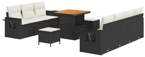 vidaXL 10-teiliges Garten-Sofa Set mit Kissen in Schwarz und Cremeweiß, aus Poly-Rattan und Akazienholz. Ideal für den Außenbereich. Modulares Design, perfekt für Balkone oder Terrassen.