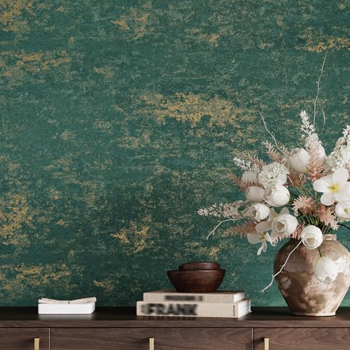 VaryPaper Teal Gold Metallic Wallpaper Self Adhesive Cement Contact Paper 40cmx200cm Emerald Green Sticky Plastic Concrete Wallpaper for Hallway Bathroom Kitchen Vinyl Wrap for Worktop Cupboards