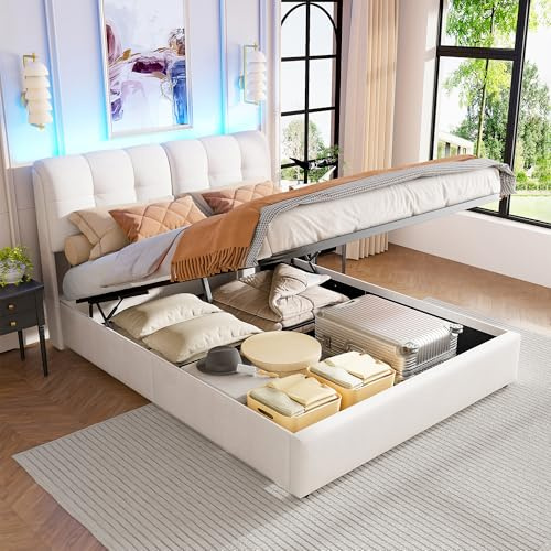 YLSZHY 160x200 cm Gepolstertes Doppelbettrahmen, Hubbett mit Stauraum, Bett mit LED-Lichtern, Samtbettrahmen mit Kopfteil und Holzlatten, keine Matratze (Beige2-160x200cm)