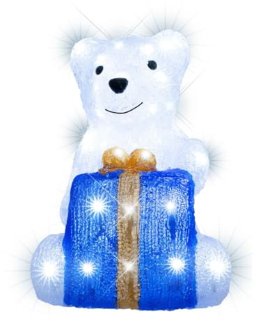 LEALIGHT blachere illumination Décor Lumineux Ours Assis LED Blanc Pur – Acrylique IP44 – 60 LED avec Flash Animé + Cadeau Bleu-Or – Personnage Noël Extérieur & Intérieur