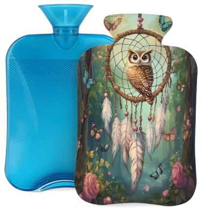 Mexpekil Bouillotte avec housse en flanelle douce de 2 L - Grande bouillotte pour soulager la douleur - Mains chaudes, pieds et corps - Cadeau idéal pour adultes et enfants (attrape-rêves, hibou