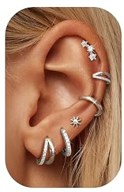 Dochais 6 par örhängen kvinnor öronpiercingar kirurgiskt stål guld örhängen silver ring örhängen helix tragus brosk multi hypoallergeniska piercingar för kvinnor och män, 0.8 mm x 10 mm, Rostfritt
