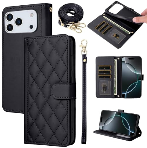 ELISORLI Argyle Wallet Case for iPhone 17 Pro Max 6.9 inch with Tempered Glass Screen Wrist/Shoulder Strap, Card Slots Folio Purse Stand Phone Cover for i Phone17 17Pro i17 ProMax 17ProMax Black