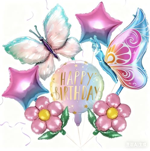 7 Stück Schmetterling Folienballons – Bunte Schmetterlinge & Blumen Luftballons, Happy Birthday Deko Set Blumen Stern Luftballons für Mädchen Geburtstag, Jubiläum & Gartenparty