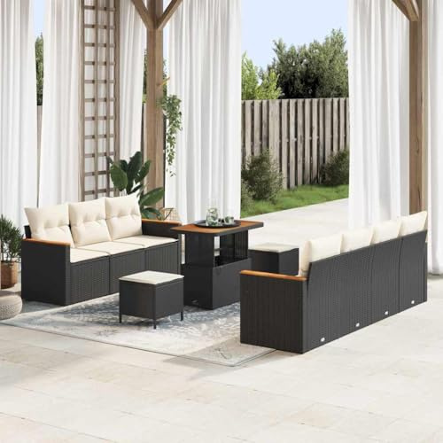 Yunovire 10-teiliges Gartensofa-Set Schwarz, Poly-Rattan-Geflecht, Akazienholz, Modulares Design für Außenbereich, Terrassenmöbel, Ganzjährig Nutzbar