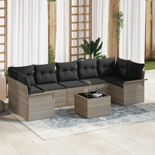 IBUQDDV 8-TLG. Garten-Sofagarnitur mit Kissen Hellgrau Poly Rattan, 4-Sitzer Ecksofa Set mit Beistelltisch für Terrasse und Patio, Modulares Outdoor Sofa, Wetterfeste Polyrattan