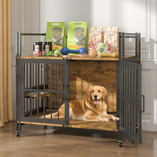 MoraRise Dog Crate Furniture with 360° Rotatable Raised Feeder, 99cm Large Dog Cage Indoor with Storage Shelf & Wheels, Heavy Duty Wooden Dog Kennel Side Table with 2 Stainless Bowls