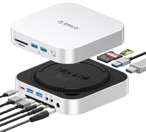 ORICO MiniLink 10Gbps Mac mini M6/M5 Pro/M4 Dock mit NVMe-SSD-Gehäuse,M49P | 9-in-1 Aluminum Dock,2xUSB A 10Gbps, 2xUSB2.0,3.0 SD/TF Card Readers, 3.5mm Headphone & Microphone Jacks
