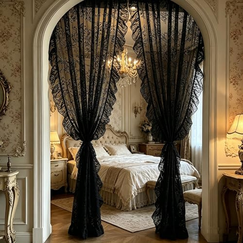 Fmorgen Französische Spitzenvorhang Durchlässig Spitzenvorhang 2 Stück Spitzengardinen Gardinen Vintage-Fensterbehandlung Ösenvorhang für Wohnzimmer Schlafzimmer, Schwarz-140x260CM