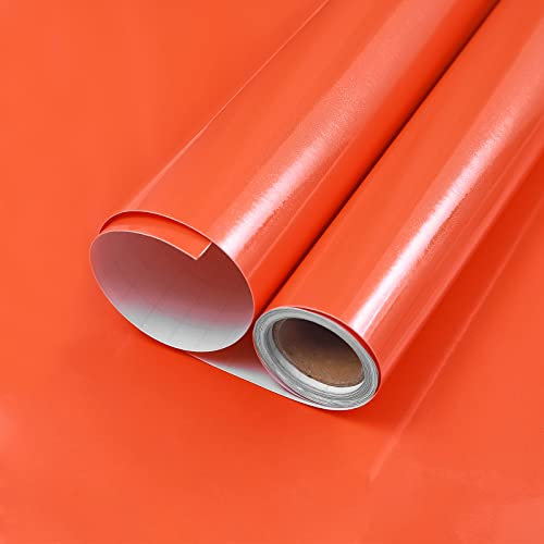 Hode Orange High Gloss Vinyl Wrap for Furniture, Waterproof Sticky Back Plastic Roll Peel and Stick Self Adhesive Wallpaper, Contact Paper for Kitchen Worktops Vinyl Covering Glittery 44cmx5m