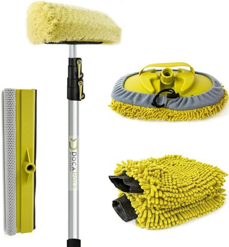 DocaPole - Set zur Autoreinigung und Autopflege - weiche Waschbürste, Abzieher, 2 Waschhandschuhe, Mikrofaser-Reinigungsaufsatz & Verlängerungsstange - 1,5-3,7 m (5-12 Fuß) - 6,1 m (20 Fuß) Reichweite