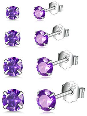 Shuxin Damen Ohrstecker Silber, 4 Paare 925 Sterling Silber Zirkonia Ohrstecker Ohrringe Set, Hypoallergen Unisex Klein Schlafen Knorpel Ohrstecker mit Lila Zirkonia, Größe in 3, 4, 5, 6mm