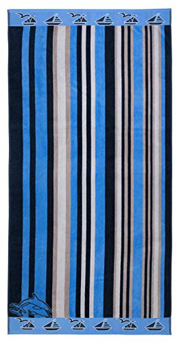 Gözze - Strandtuch, Streifen Design mit Motiven, 100% Baumwolle, 90 x 180 cm - Blau/Schwarz