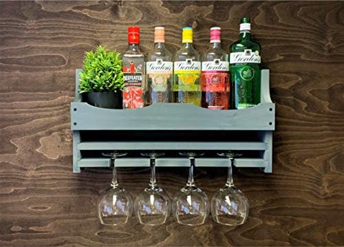 ADD A PERSONALISED MESSAGE OR SLOGAN!! - Laser Engraved Wooden Grey Gin Bottle and 4 Balloon Glass holder - Wall Mounted Display (4GGR)(EM)