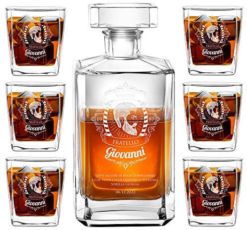 Maverton Decanter per Whisky in vetro - incisione personalizzata - Caraffa in vetro da 700 ml + 6 Set bicchieri whisky - idea regalo per l’uomo - uomo