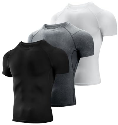 Niksa Men's Compression Shirts 3 Pack,Short Sleeve Athletic Compression Tops Cool Dry Workout T Shirt, Black/Grey/White 3pack, S