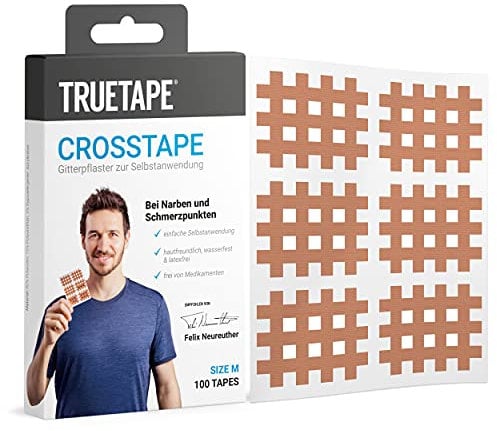 TRUETAPE Crosstapes – 100 mittelgroße Gitterpflaster inkl. Anleitung – Wasserfest & Extra Starker Halt – Original Akupunkturpflaster – Größe M