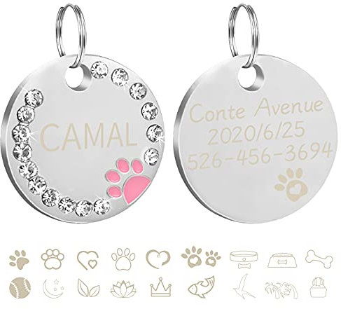 CAMAL 2 Stück Runder Strassstein Hundemarke mit Gravur, Katzenpfote Anhänger mit Gravur, Welpen Zubehör für Hunde und Katzen, Personalisierbar (Rosa)