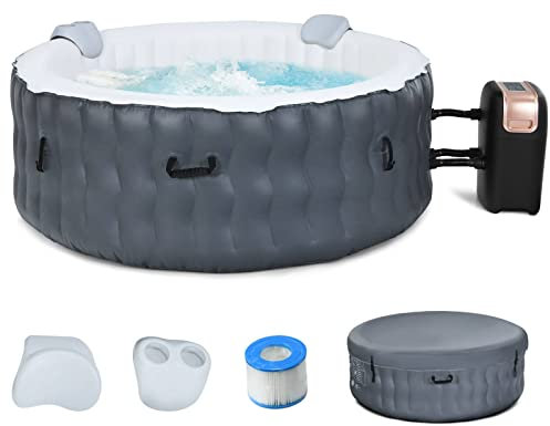 COSTWAY 4-6 Person Hot Tub Spa, 108 AirJet Massage System Outdoor Inflatable Hot Tubs with Headrest, Drink Holder, Pool Cover and Ground Sheet, Quick Heating Smart Filtration Round Hottub (Grey)