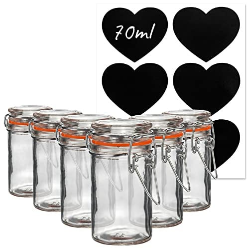 Argon Tableware Glass Storage Jars with Labels - Vintage Food Preserving Container - Clip Lid - 70ml - Orange, White, Clear & Black Seals - Pack of 6