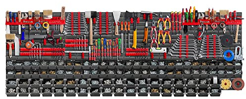 KADAX Werkzeugwandregal Groß, 232x78cm Lagersystem aus robustem Kunststoff, UV-Resistentes Modul-System, Erweiterbare Wandplatten, Werkstattregal für Garage (Rot&Schwarz, 174 tlg.)