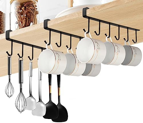 RISVOWO 3 Pezzi Supporto per Tazze Sotto, Multifunzione Porta Tazze da Appendere, Senza Forare per Bicchieri di Vino, Utensili da Cucina (Nero)