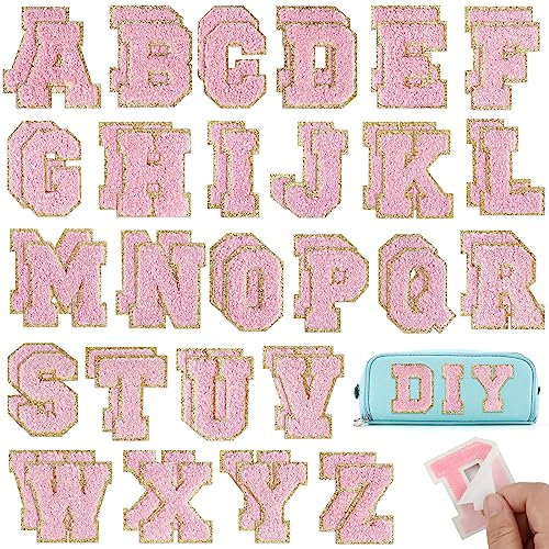 BOUBONI 52Pcs Light Pink Chenille Letters A-Z, Self Adhesive Chenille Letter Patches for Fabric Clothing (Pink, 52)