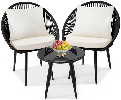 wildformers 3 Pieces Bistro Set, Woven Rope Chair with Cushions, All Weather Patio Conversation Set and Side Table, Ideal for Deck, Balcony, Poolside, Black