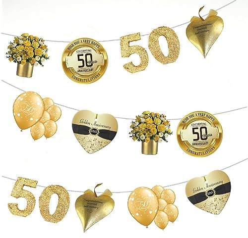 AK Giftshop 50th Golden Wedding Anniversary Bunting Party Decorations - 12pcs / 2.5m Ribbon