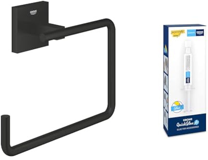GROHE Start Cube - Handtuchring- Set (Material: Metall, inkl. QuickGlue A1: Klebeset für einen Klebepunkt, verdeckte Befestigung), matt schwarz, 409752430