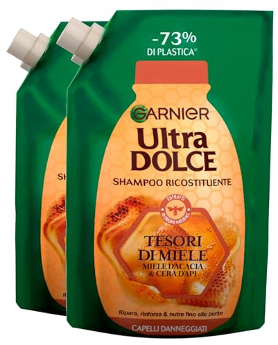 Garnier Ultra Dolce Shampoo Ricostituente per Capelli Danneggiati e Doppie Punte Tesori di Miele con Miele d'Acacia e Cera d'Api Rinforzante Nutriente Riparatore Estratti Naturali - 2 Buste da 500ml